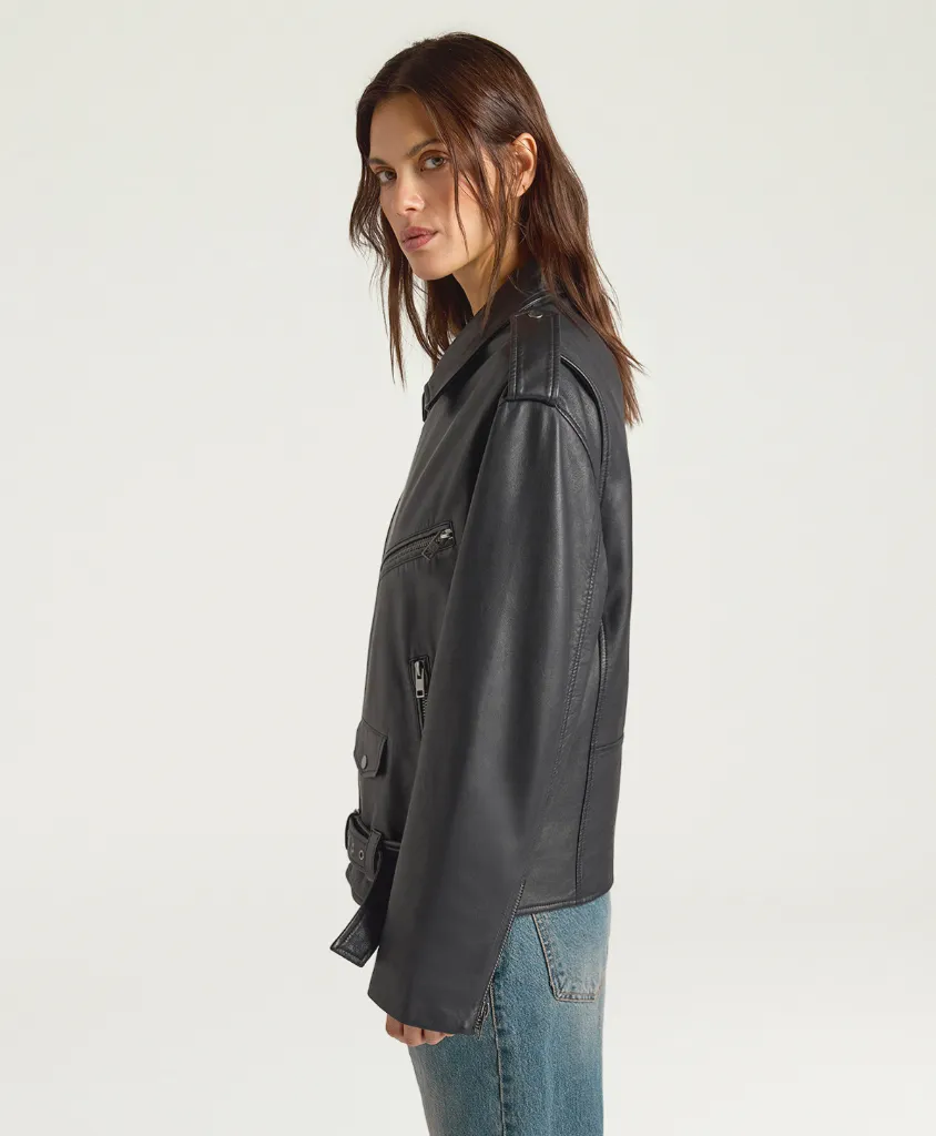 Momoni-Blouson Lond Coat en Cuir Noir coté.webp