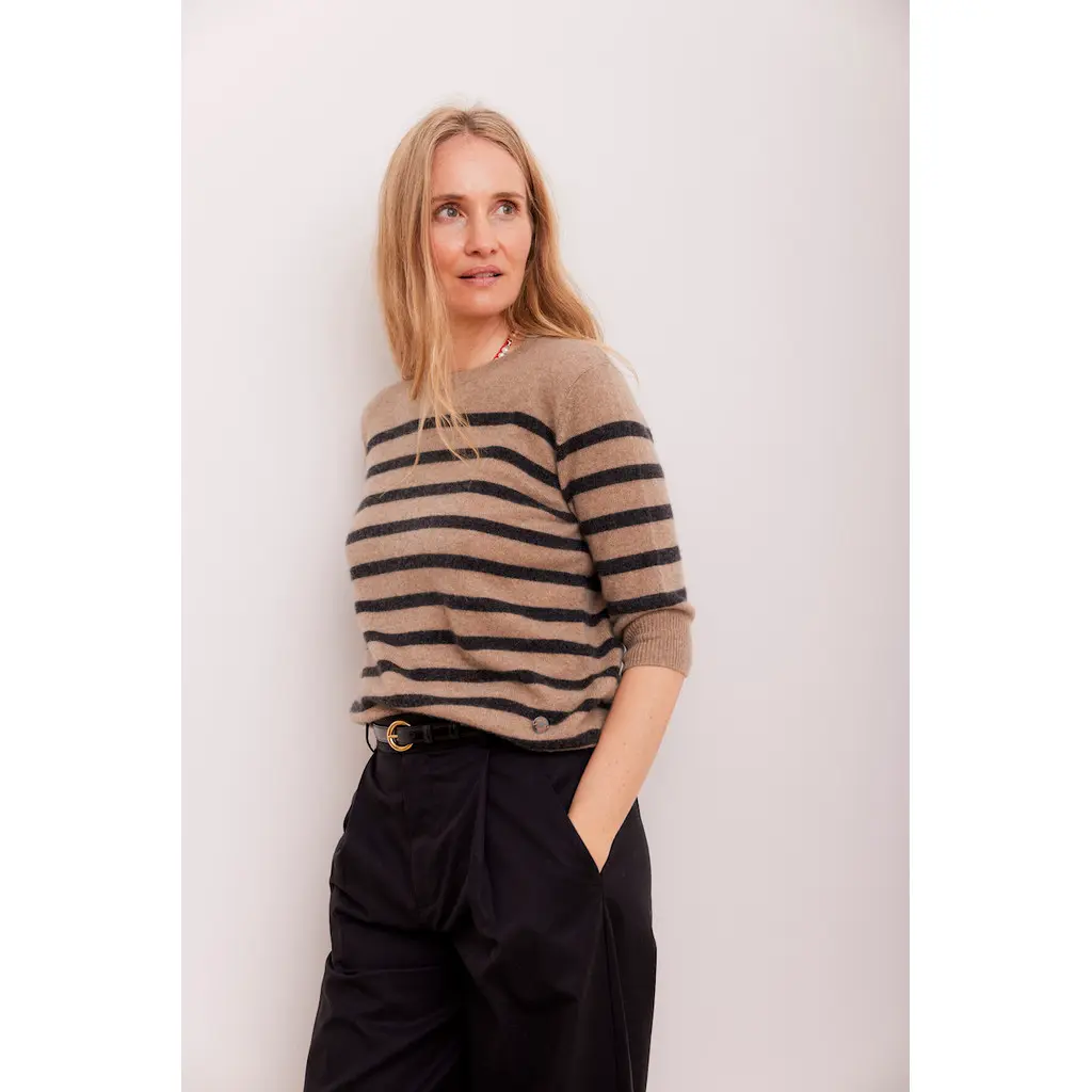 BETA Pull Bianca Lady Sleeve Cachemire Rayé Oak Brown/Anthracite Grey