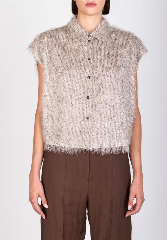 ALYSI Gilet Manches Courtes à Franges Nude (38)