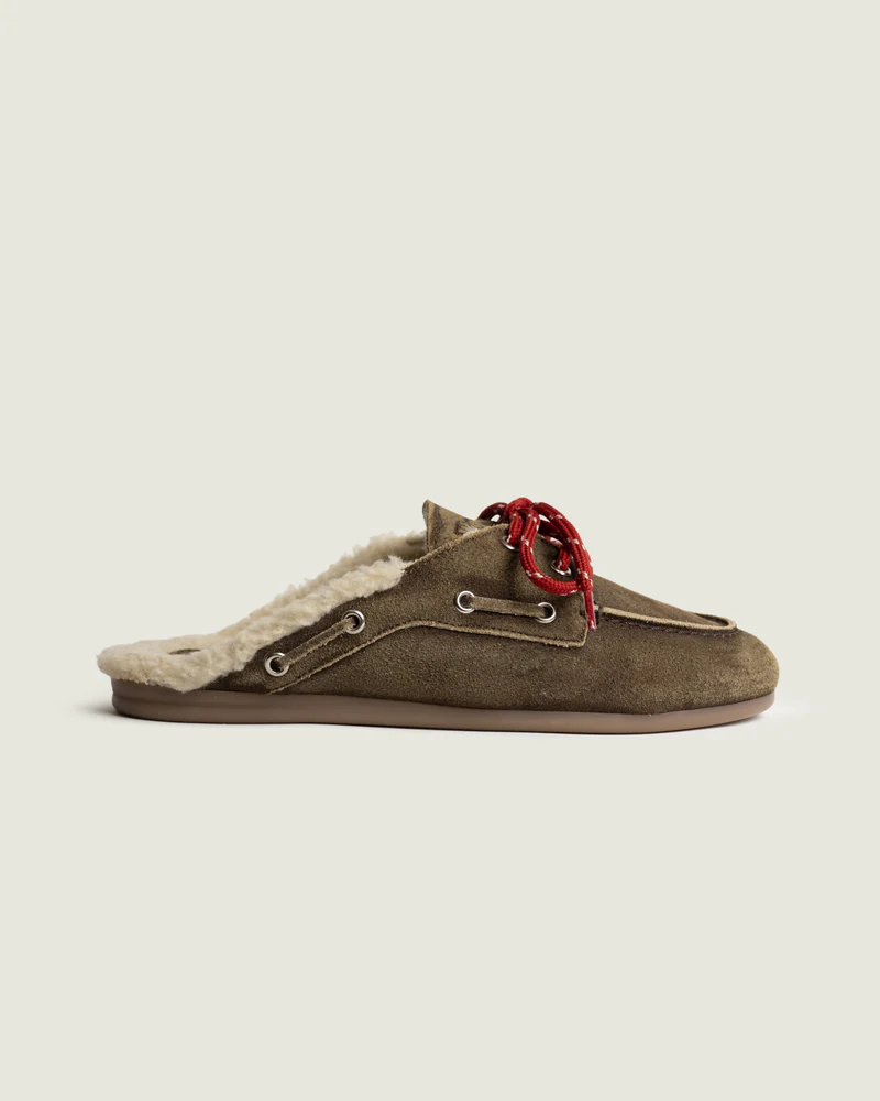 POSA AW 26 Mule Boat Loafer Fur Suede Dark Brown