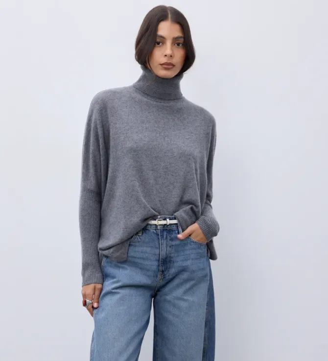 NOTSHY Pull Col Roulé Margareth en Cachemire Gris Chiné Foncé (XS/S)