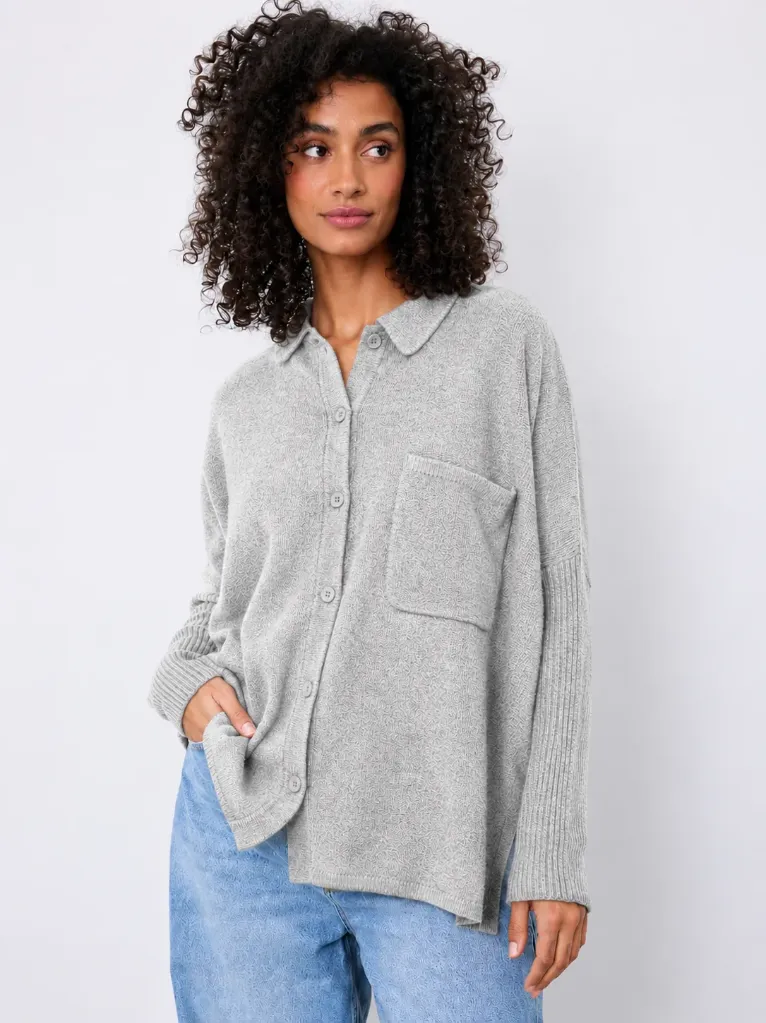 NOTSHY Cardigan Col Polo Andréa en Cachemire Gris Chiné Clair