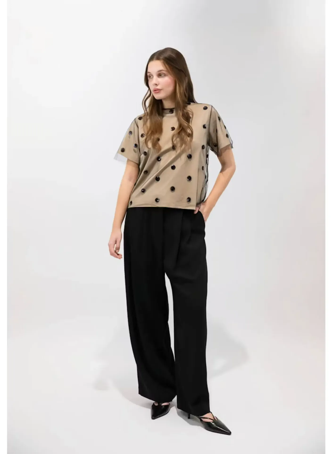 PSOPHIA Top en Tulle Brodé Beige & Noir (M)