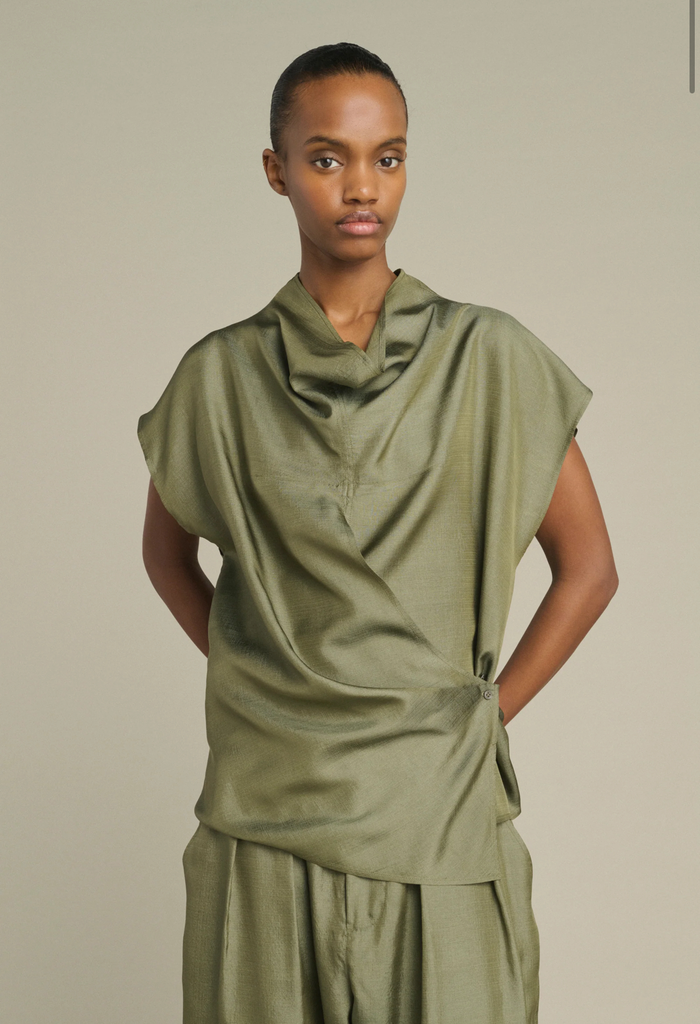SOEUR Blouse Kora en Soie Texturée Vert de Gris