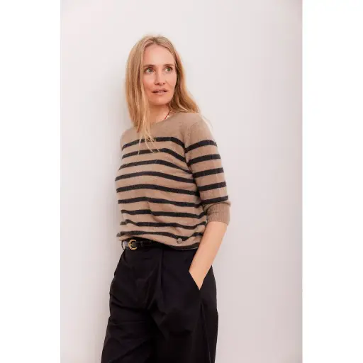[AW25] BETA Pull Bianca Lady Sleeve Cachemire Rayé Oak Brown/Anthracite Grey